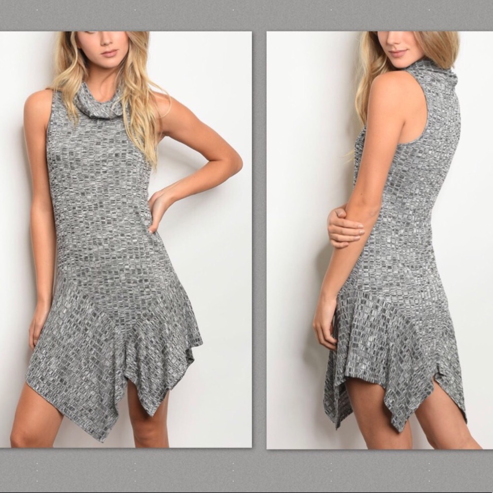 Gray Ribbed Sleeveless Turtleneck Knit Dress Small & Large